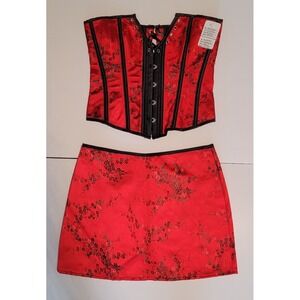 Women Lace Up Red/Black Bustier Corset & Skirt Burlesque Top Waist Cincher‎